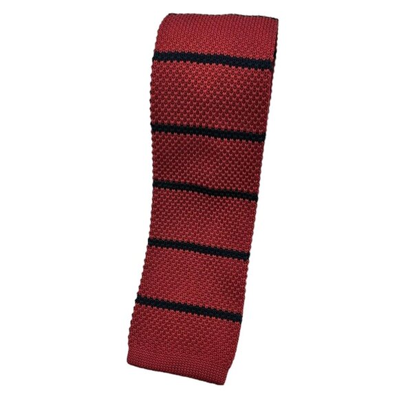 NEIMAN MARCUS Men's Polyester Knit Necktie DESIGNER Tie Red Striped W:2.2" EUC - Picture 1 of 4